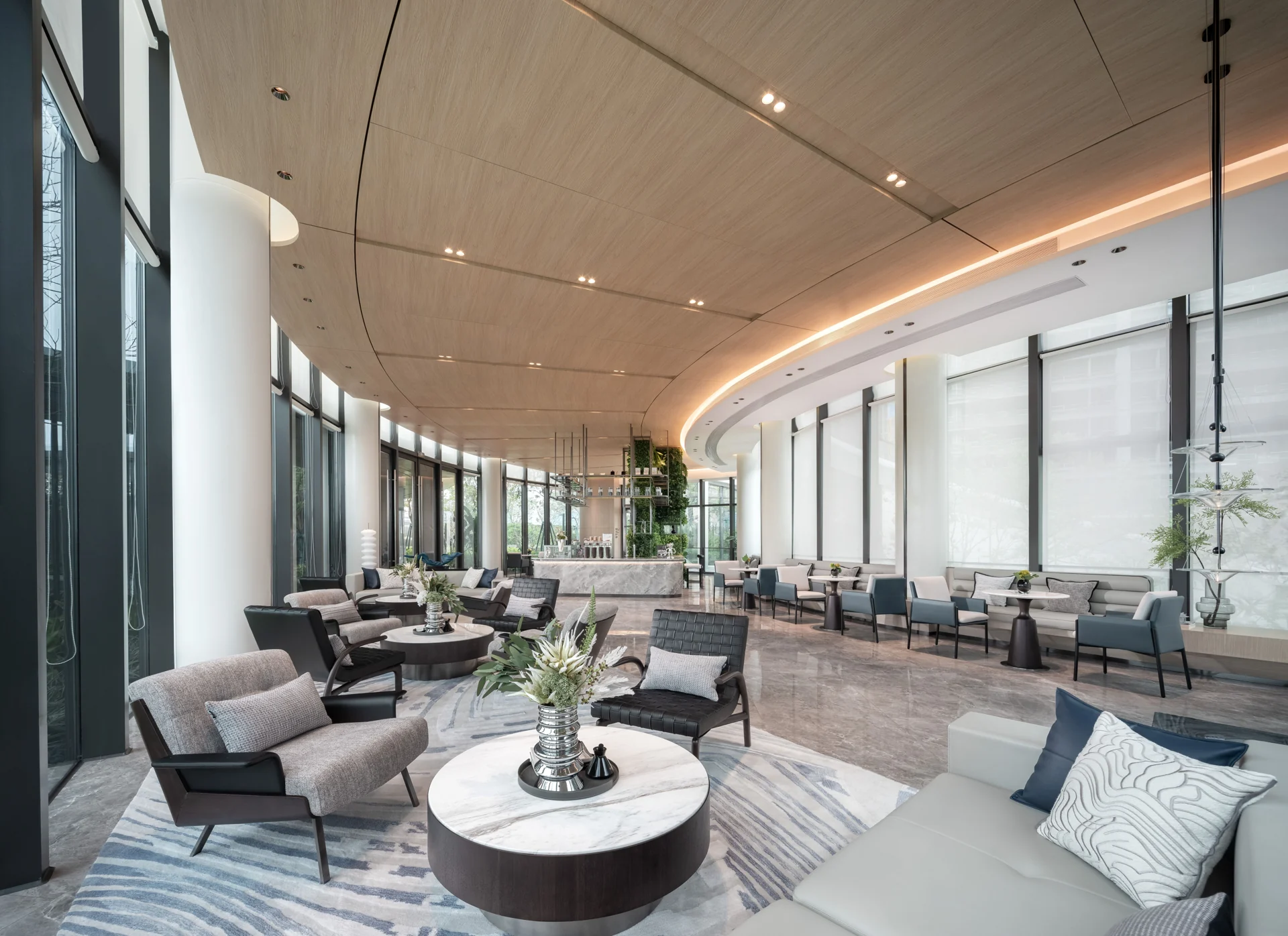 Contemporary hospitality lounge with warm architectural lighting